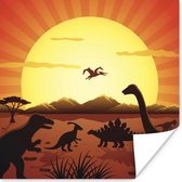 Poster kinderen - Dino - Zon - Natuur - Tekening - Kinderen - Jongens - Muurdecoratie kinderkamer - Wanddecoratie jongens - 50x50 cm - Kinder decoratie