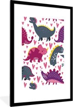 Poster in lijst voor kinderen - Wanddecoratie meisjes - Dino - Hart - Patronen - Roze - Meisjes - Dinosaurus - Decoratie voor kinderkamers - 80x120 cm - Poster kinderkamer