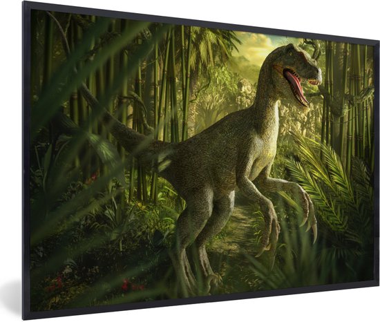 Poster in fotolijst kinderen - Dinosaurus - Planten - Groen - Illustratie - Kinderen - Jongens - Poster kinderkamer -30x20 cm - Kinderkamer decoratie - Muurdecoratie