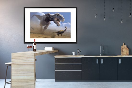 Photo encadrée - Une illustration d'un cadre photo dinosaure de chasse noir avec passe-partout blanc xxl 120x80 cm - Affiche encadrée (Décoration murale salon / chambre)