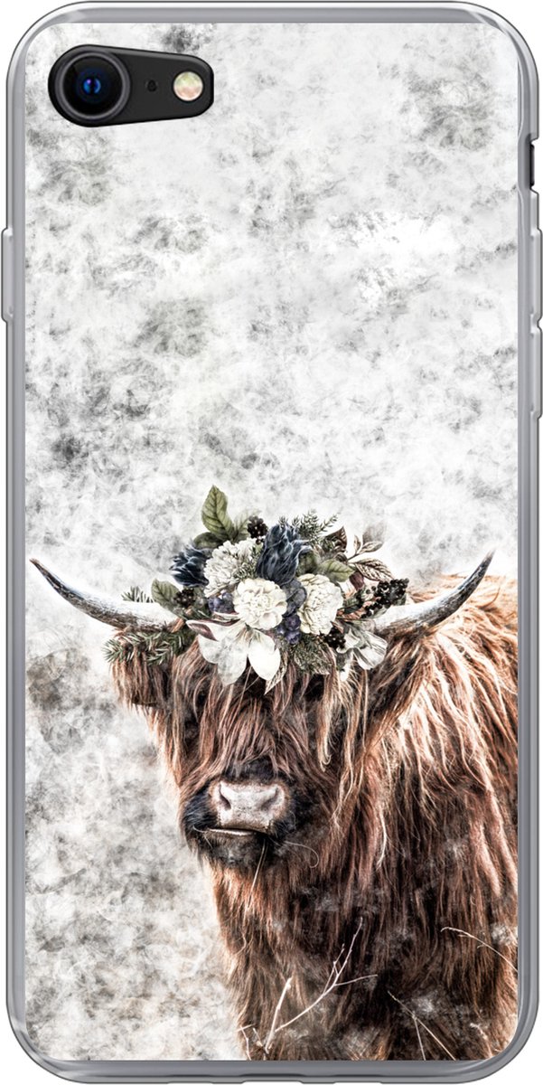 Telefoonhoesje Geschikt voor iPhone 7 hoesje - Schotse hooglander - Marmer print - Bloemen - Siliconen Telefoonhoesje Telefoonhoesje