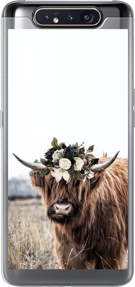 Telefoonhoesje Geschikt voor Samsung Galaxy A80 hoesje - Schotse hooglander - Bloemen - Dieren - Siliconen Telefoonhoesje Telefoonhoesje