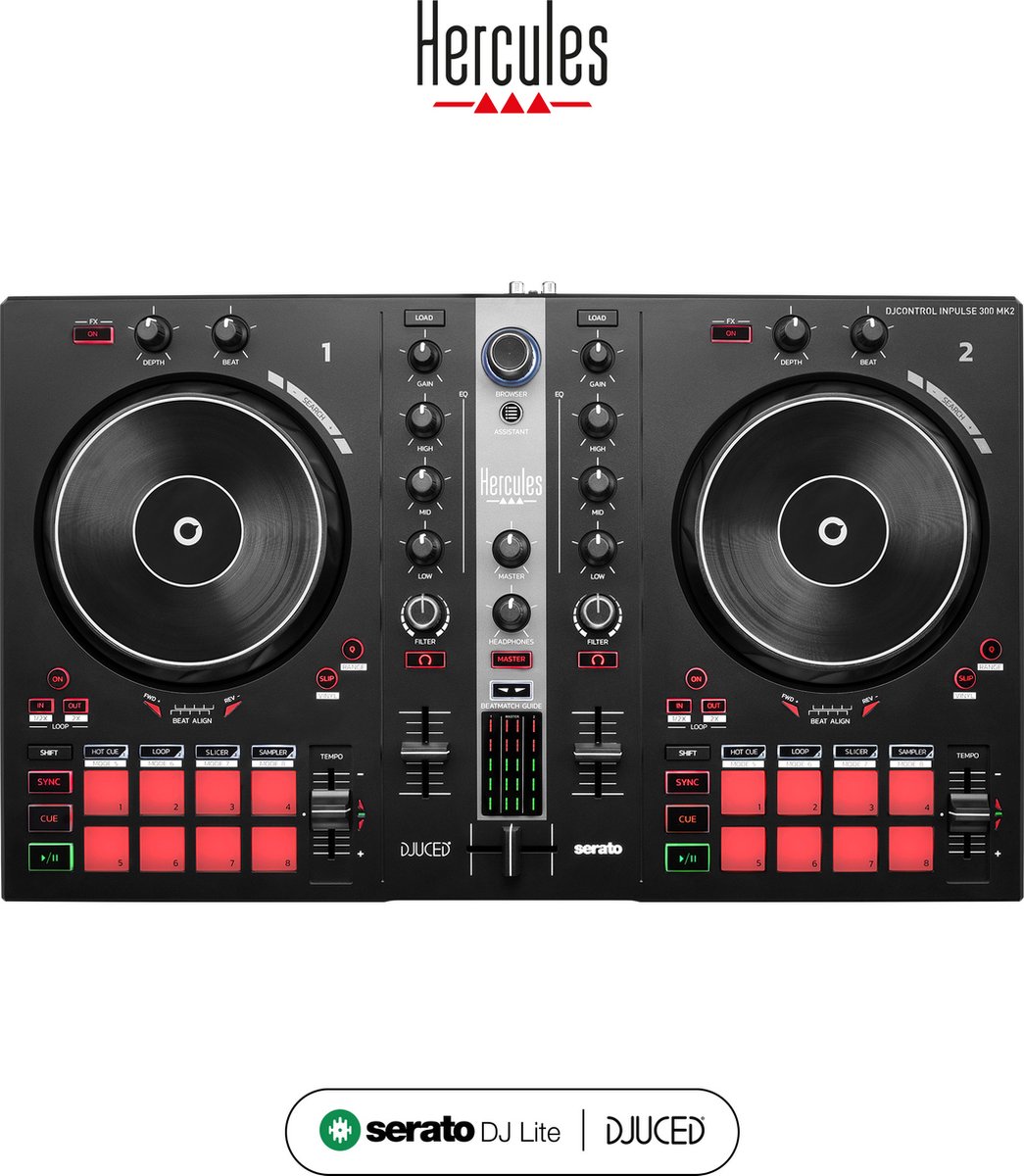 Hercules DJControl Inpulse 300 MK2 – USB dj-controller – 2 decks met 16 pads en ingebouwde geluidskaart – dj-software en handleidingen inbegrepen - Begin eenvoudig met mixen - Beatmatch Guide - Mix met MP3 tracks of van muziekstreamingdiensten - Hercules