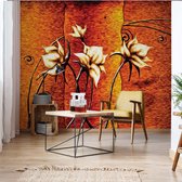 Fotobehang - Vlies Behang - Zilver gewatteerd patroon en bloemen - 416 x 290 cm