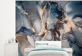 Behang - Fotobehang Marmer - Grijs - Blauw - Luxe - Goud - Breedte 325 cm x hoogte 260 cm