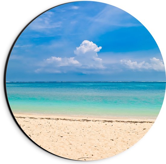 Dibond Muurcirkel - Wit Strand met Helderblauwe Oceaan - 20x20 cm Foto op Aluminium Muurcirkel (met ophangsysteem)