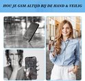 Collage toont: telefoon valt, gebroken scherm en vrouw met lanyard aan telefoon. Benadrukt veiligheid van mobiel.