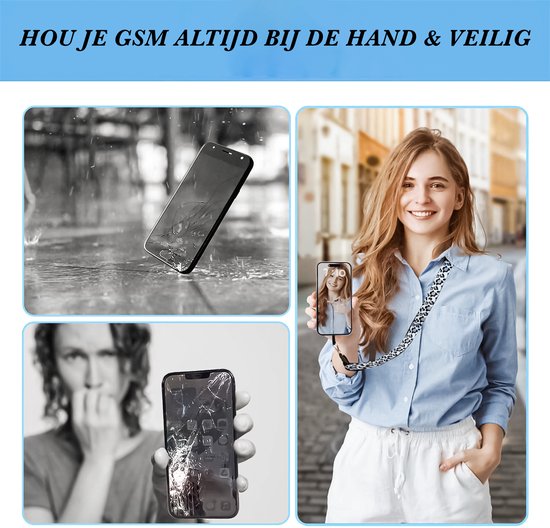 Collage toont: telefoon valt, gebroken scherm en vrouw met lanyard aan telefoon. Benadrukt veiligheid van mobiel.