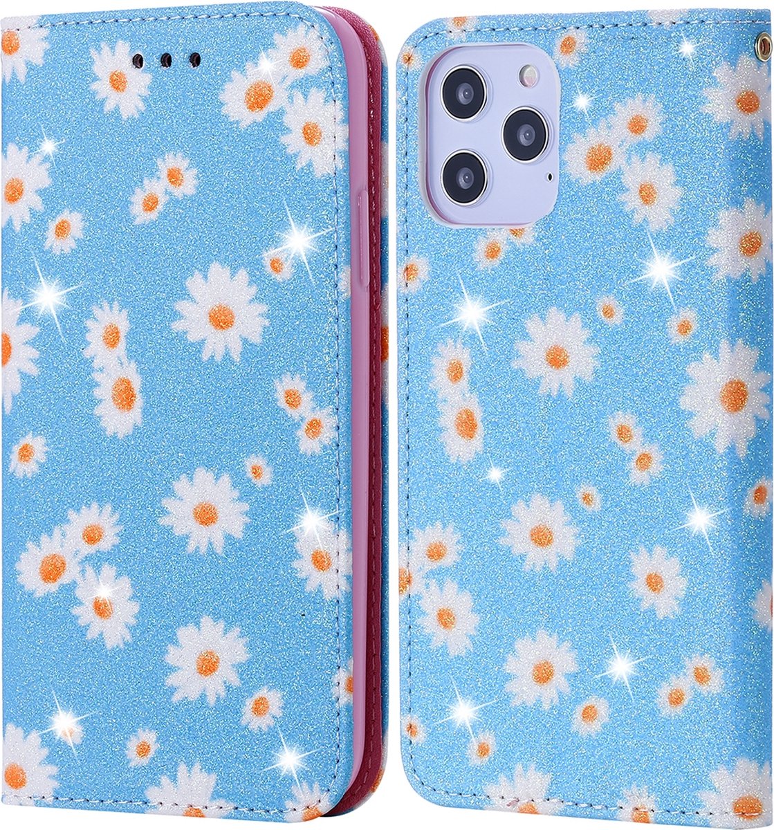 Mobigear Telefoonhoesje geschikt voor Apple iPhone 12 Pro Max Hoesje | Mobigear Daisies Bookcase Portemonnee | Pasjeshouder voor 2 Pasjes | Telefoonhoesje voor Pinpas / OV Kaart / Rijbewijs - Blauw