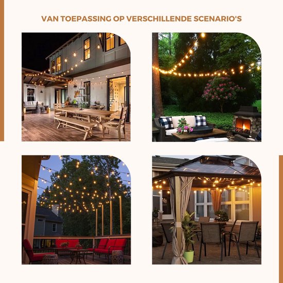 Collage van vier afbeeldingen die de sfeer van lichtsnoeren in verschillende buitenomgevingen tonen: terras, tuin, balkon en overdekt terras.