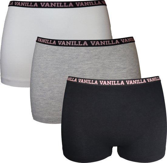 Vanilla - Dames boxershort, Ondergoed dames, Lingerie - 3 stuks - Egyptisch katoen - Zwart, Grijs, Wit - L