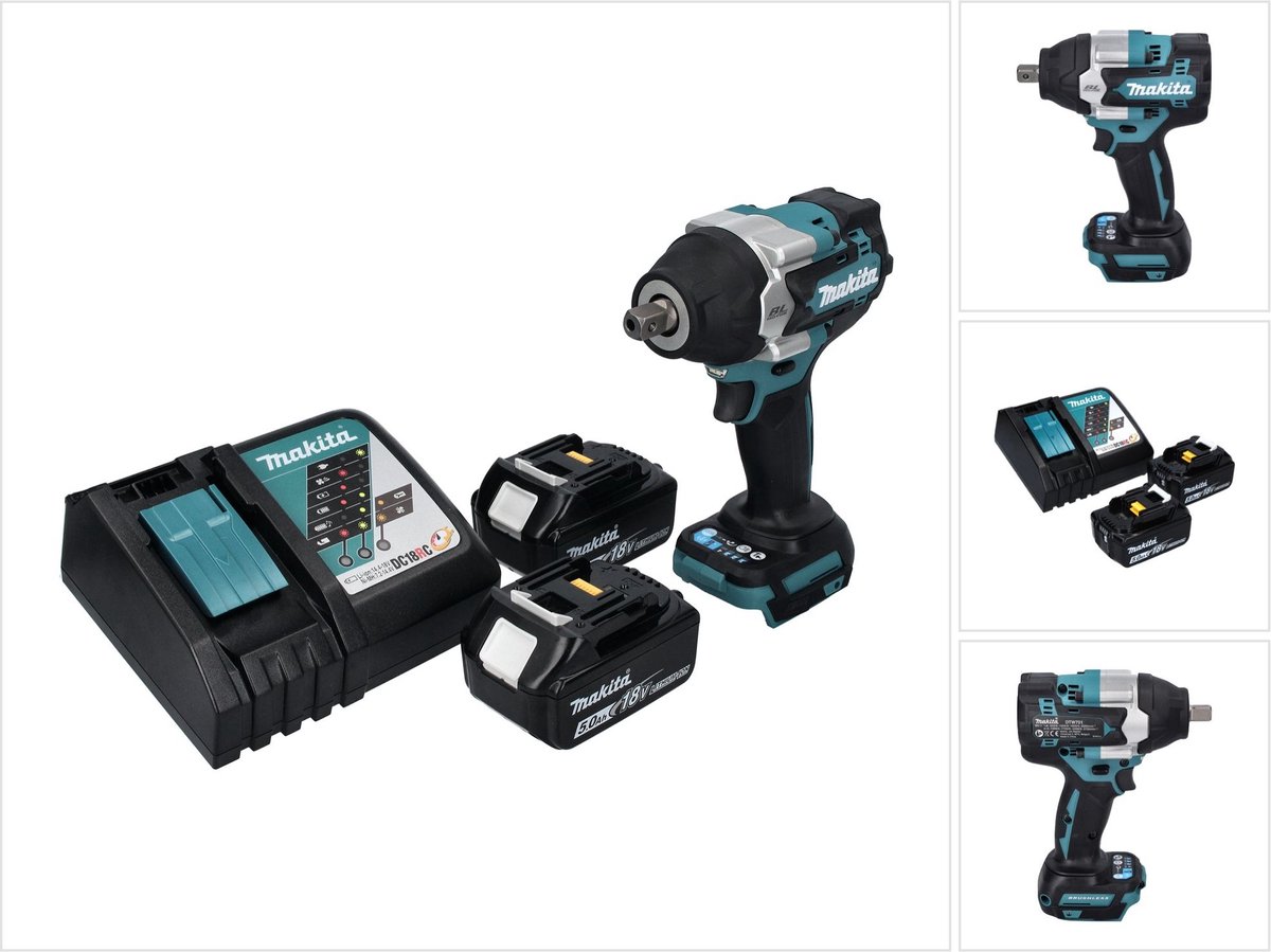 Makita DTW 701 RT accu slagmoersleutel 18 V 700 Nm 1/2" XPT Borstelloos + 2x oplaadbare accu 5.0 Ah + lader