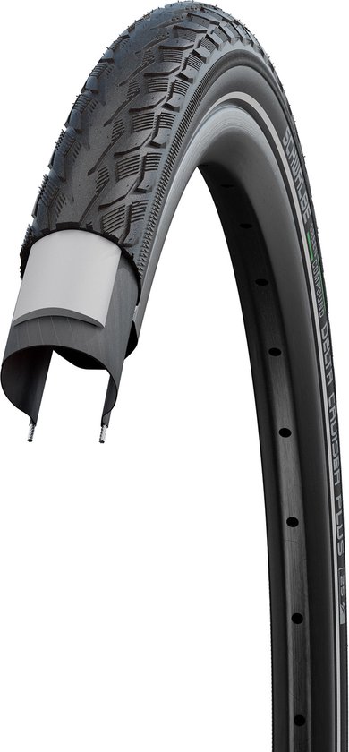 Zwarte Schwalbe Delta Cruiser Plus band met reflecterende witte rand, op een zilveren velg.
