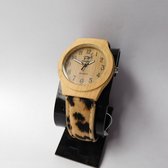 Hetty'S - Elegant "houten" horloge - tijgerprint bandje met bont - klok 37 mm