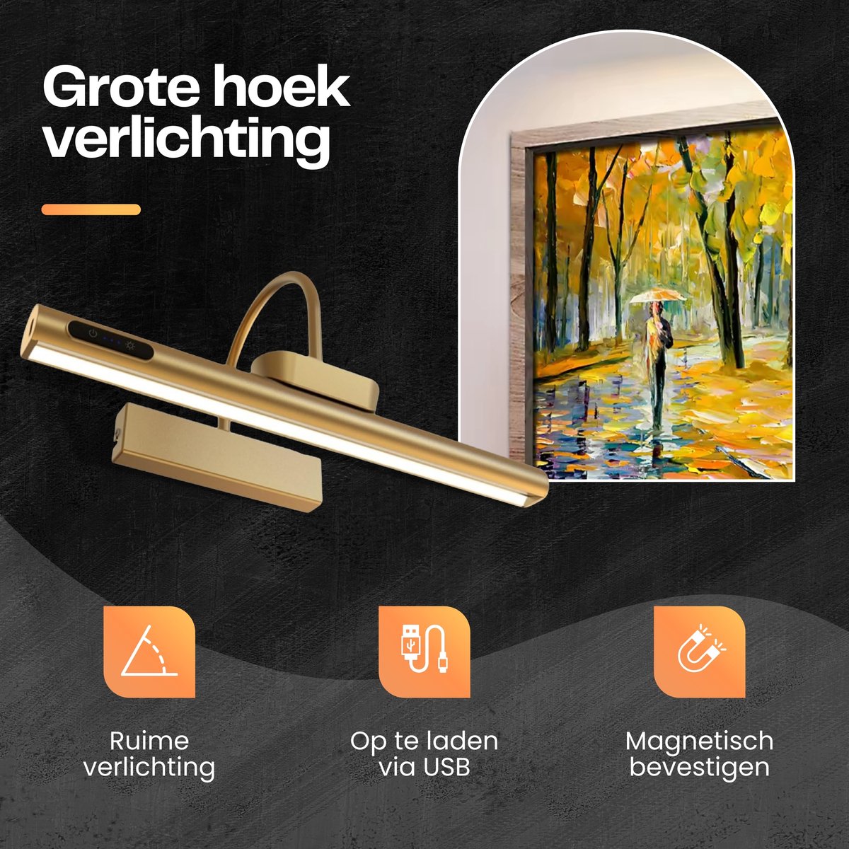 EZVALO Draadloze Led Beeldverlichting Met Afstandsbediening, 2400 mAh, 3 Kleurtemperaturen, Traploos Dimbaar, Magnetische Wandlamp Voor Schilderijen, Foto (2, Goud