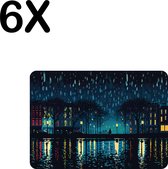 BWK Luxe Placemat - Regenachtige Nacht - Skyline - Illustratie - Set van 6 Placemats - 35x25 cm - 2 mm dik Vinyl - Anti Slip - Afneembaar