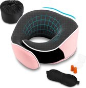 Nekkussen, traagschuim, nekkussenset van traagschuim met oogmasker, oordopjes en opbergtas, ergonomisch ontworpen reiskussen (roze)