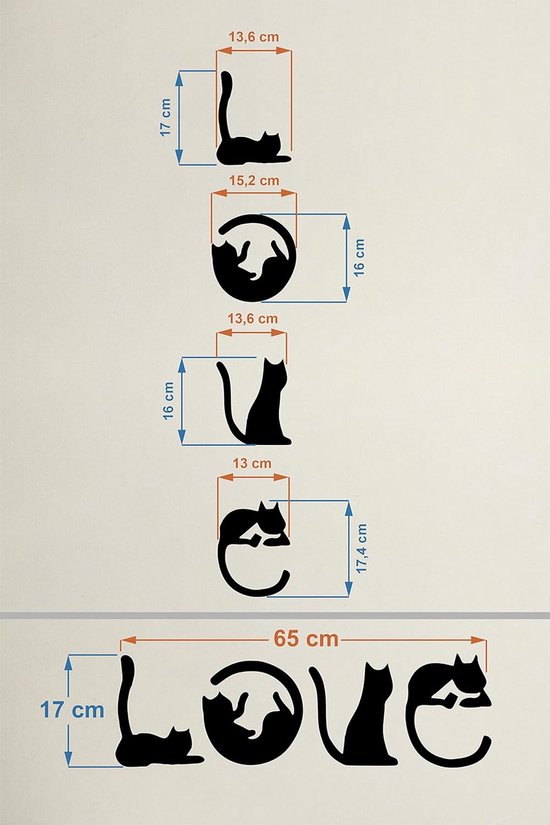Wanddecoratie katten hout, set van 4, zonder boren, zelfklevend voor thuis, kantoor en hotel, muurkunst, zwarte liefdesletters voor slaapkamer, hal, woonkamer en badkamer