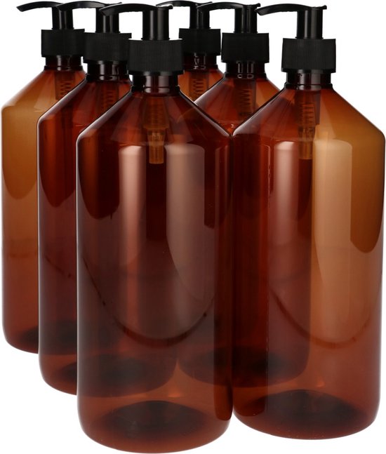 Foto: 6x 1000 ml pharma pet fles met dispenserpomp plastic flesjes navulbaar voor vloeistoffen voeding cosmetische farmaceutische producten pet kunststof voedselveilig duurzaam bruin zwart set van 6 stuks