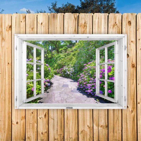 Tuinposter | Doorkijk met pad door hortensia's | liggend| Wallz | 120 x 80 cm | tuindoek