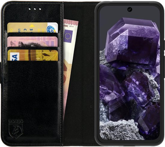 Element Rosso adapté à Google Pixel 8a | Étui à livres Étui portefeuille | Porte-monnaie | 3 passes | Fermeture magnétique | Fonction de support | Noir