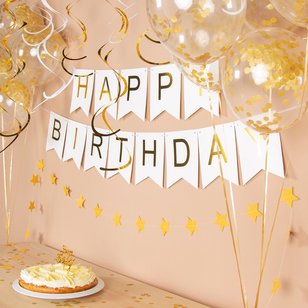 Fissaly Verjaardag Slinger Wit & Goud met Papieren Confetti Ballonnen – Decoratie – Happy Birthday - Letterslinger — afbeelding 4