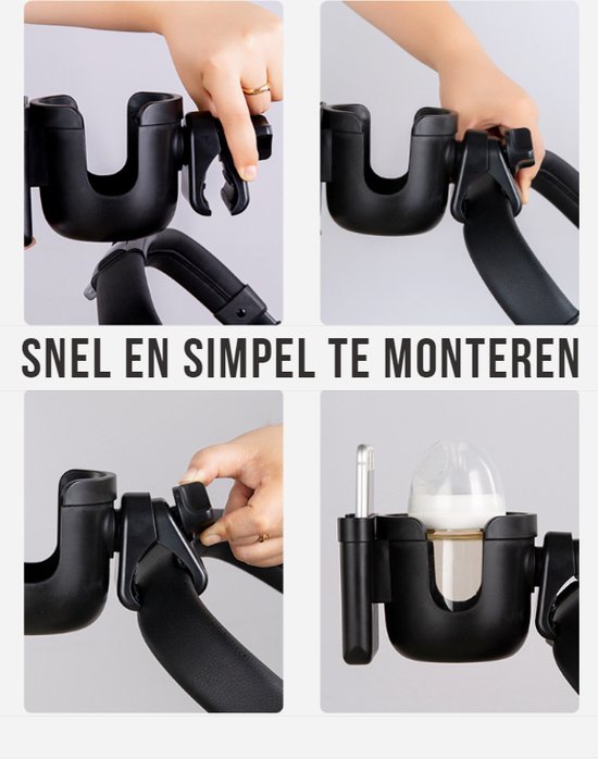 Allernieuwste Universele Bekerhouder PLUS Telefoonhouder Voor Kinderwagen, Buggy en Fiets - Kinderwagen Accessoires - Combi 2-in-1 - ZWART van Allernieuwste — afbeelding 4