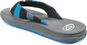 Grijze slipper met blauwe en zwarte strepen op de band en blauwe zoolrand.