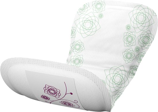 Wit incontinentieverband met paarse bloemendecoratie en groene bloemenprint op het verband.