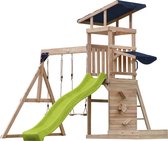 AXI Malik Speeltoestel met Dubbele Schommel Bruin – Limoen groene Glijbaan – Zandbak en Speelwand - FSC hout - Speelhuis op palen voor de tuin