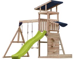 AXI Malik Speeltoestel met Dubbele Schommel Bruin – Limoen groene Glijbaan – Zandbak en Speelwand - FSC hout - Speelhuis op palen voor de tuin