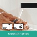 Matzwarte wastafelkraan met laminar spray en EcoSmart, handen worden gewassen.