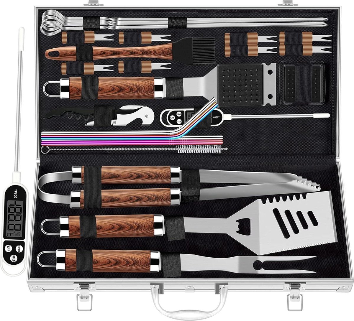 Extra dikke RVS grillset voor mannen Set van grilaccessoires voor BBQ in tuin Cadeauset met vleesthermometer 26 stuks in aluminium koffer Bruin barbecue set