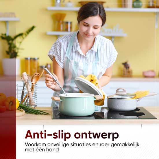Une femme en tablier cuisine d'une seule main dans une casserole sur une plaque à induction. Texte : « Conception antidérapante ».