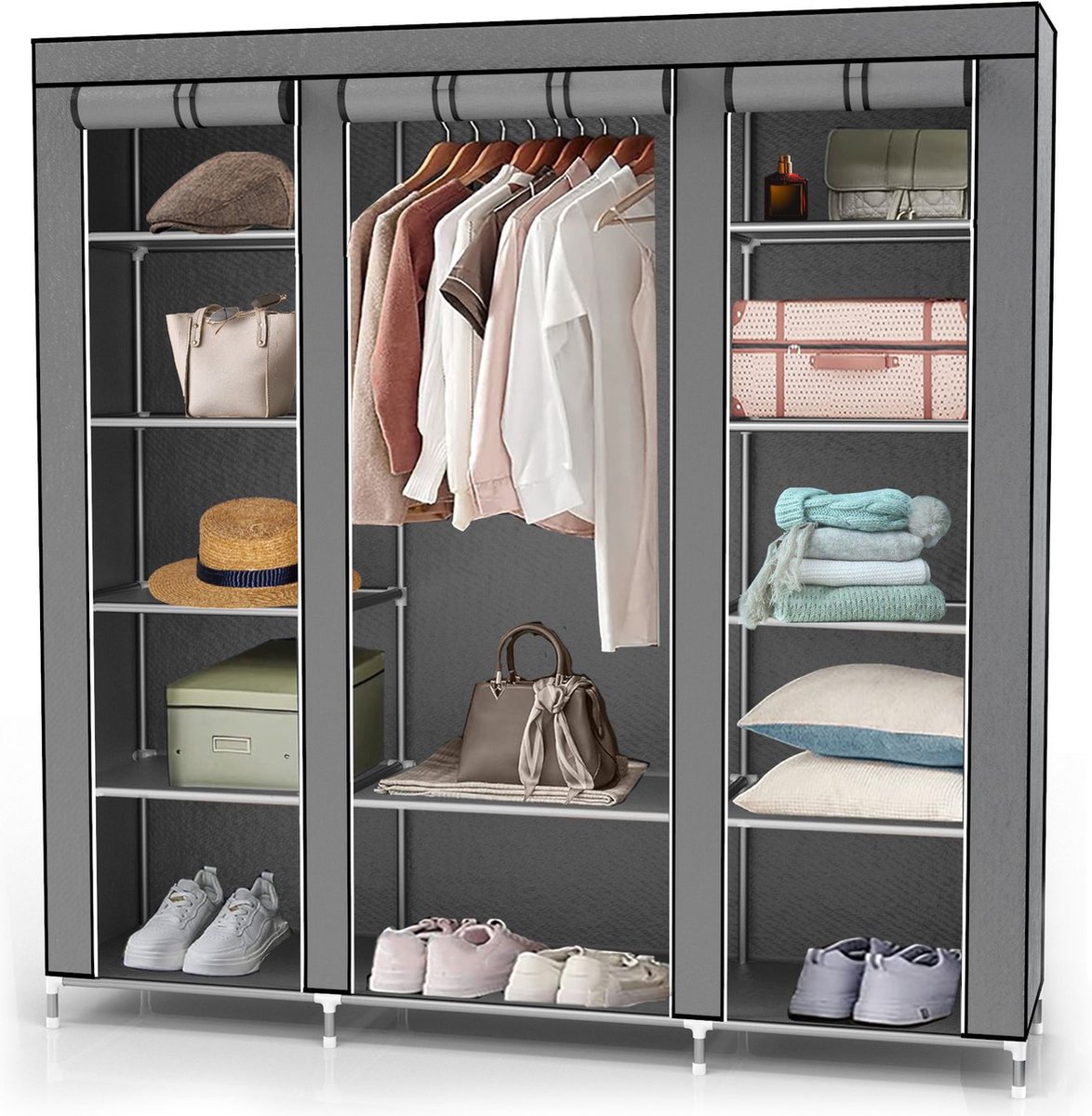 Intirilife opvouwbare garderobekast 150x175x45 cm in ASH GREY - Vouwkast met ritssluiting Stoffen garderobekast Garderobekast met kledingroede, vakken en zijvak - Campinggarderobe textielgarderobe