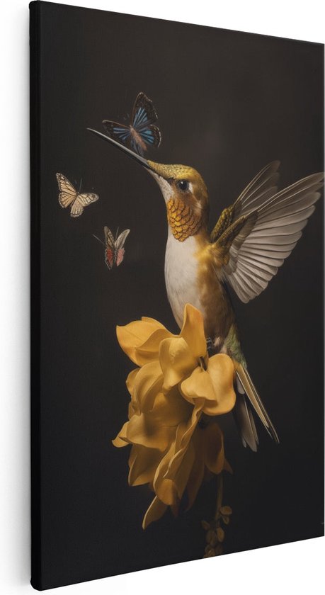 Artaza Canvas Schilderij Kolibrie met Vlinders op een Bloem - 20x30 - Klein - Foto Op Canvas - Canvas Print