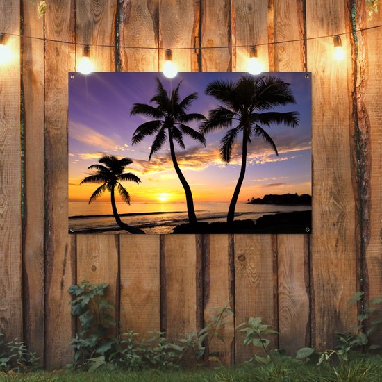 Affiche de jardin - Toile de jardin - Posters de jardin extérieur - Plage - Coucher de soleil - Palmiers - Tropical - 120x80 cm - Jardin