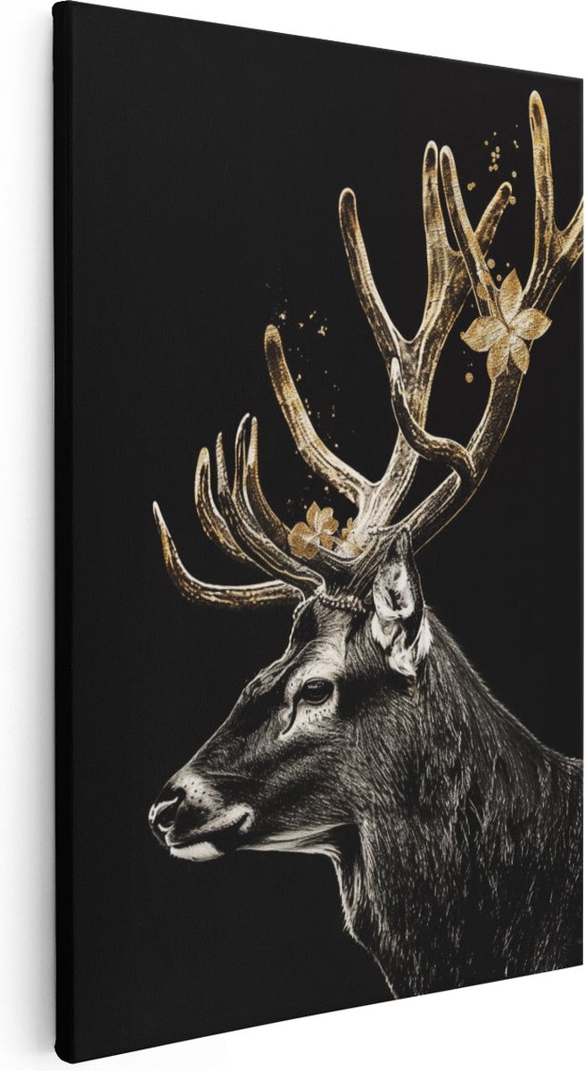 Artaza Canvas Schilderij Herten met Gouden Gewei op een Zwarte Achtergrond - Dieren - 60x90 cm - Wanddecoratie Woonkamer - Schilderijen - Muurdecoratie