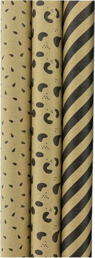 Assortiment BROWN PEARL 100% Recyclé 70 Gr/ m2 papier cadeau avec design doré - 70 cm x 2 mètres - 6 rouleaux
