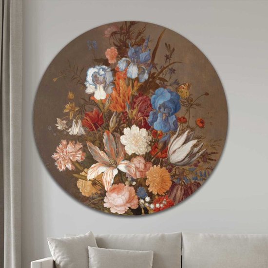 Muurcirkel Stilleven met bloemen in een glazen vaas - Balthasar van der Ast | Forex | Ø 80cm | Inclusief ophangsysteem