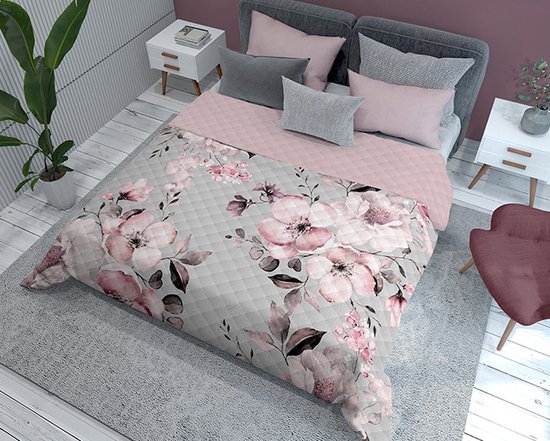 Holland bedsprei - bloemen grijs - achterkant roze - 220x240 cm