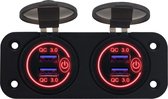 ProRide® 12V USB Stopcontact 4 Poorten met Schakelaar - Tweevoudig Inbouw - QC3.0 - PUSB1QC-R - USB Autolader, Boot en Camper - Rood