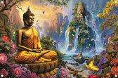 Boeddha tuinposter - Beeld tuinposter - Tuinposters Waterval - Wanddecoratie tuin - Tuinaccessoires - Tuinschilderij tuinposter 150x100 cm