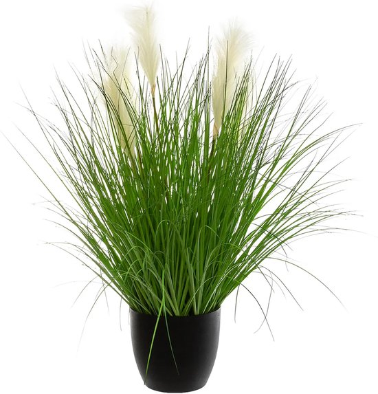 Herbe ornementale de plante artificielle à panaches de vert / Wit en pot noir - 90 cm de haut