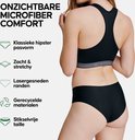 Mannequin de dos portant une culotte hipster noire sans couture et un soutien-gorge de sport. Le texte dit 'Confort microfibre invisible'.