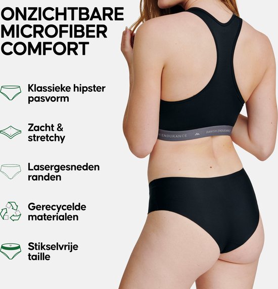 Mannequin de dos portant une culotte hipster noire sans couture et un soutien-gorge de sport. Le texte dit 'Confort microfibre invisible'.