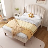 Sweiko Gestoffeerd bed 90*200 met lattenbod en hoofdeinde, jeugdbed, eenpersoonsbed, houten lattensteun, gemakkelijke montage, fluweel, beige