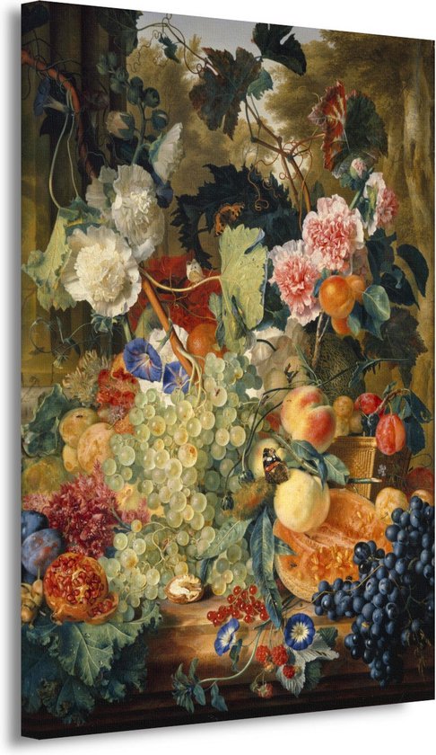 Stilleven van bloemen en fruit op een marmeren plaat - Jan van Huysum wanddecoratie - Fruit portret - Schilderij op canvas Oude meesters - Schilderij vintage - Schilderij op canvas - Decoratie slaapkamer 100x150 cm