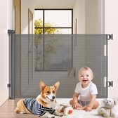 Deurbeschermingsrooster, uittrekbaar voor baby's, 0-180 cm, trapbeschermingsrooster, trapbeschermingsrolgordijn voor honden, met één hand te bedienen, grijs