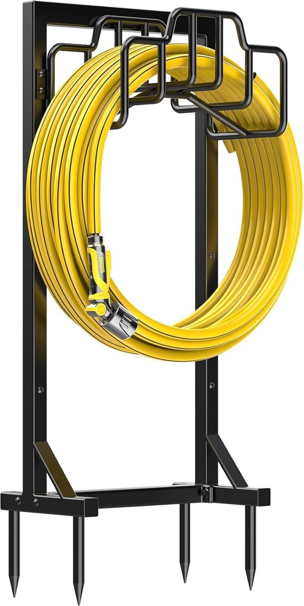 Tuinslanghouder vrijstaand afneembare metalen tuinwaterslang opbergorganizer heavy duty tuinbuisstandaard met opbergmand 117 cm zwart